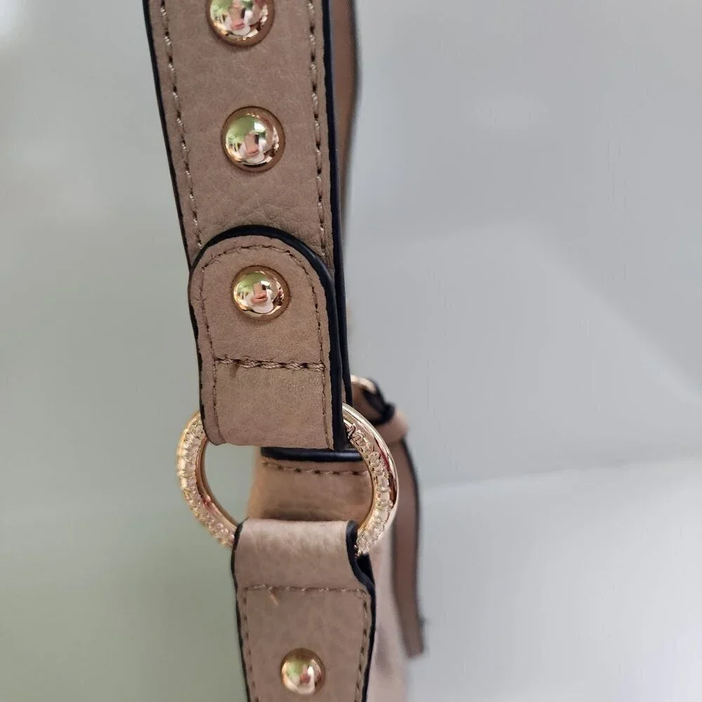 Montana West Beige Pebbled Faux Leather Studded Hobo Bag